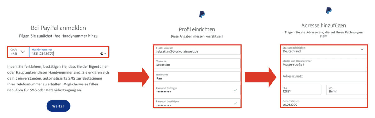 Registrierungsdaten PayPal eingeben
