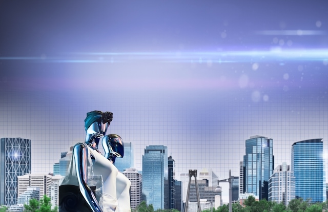 Unreal futuristic cyborg like people with cityscape in the background
