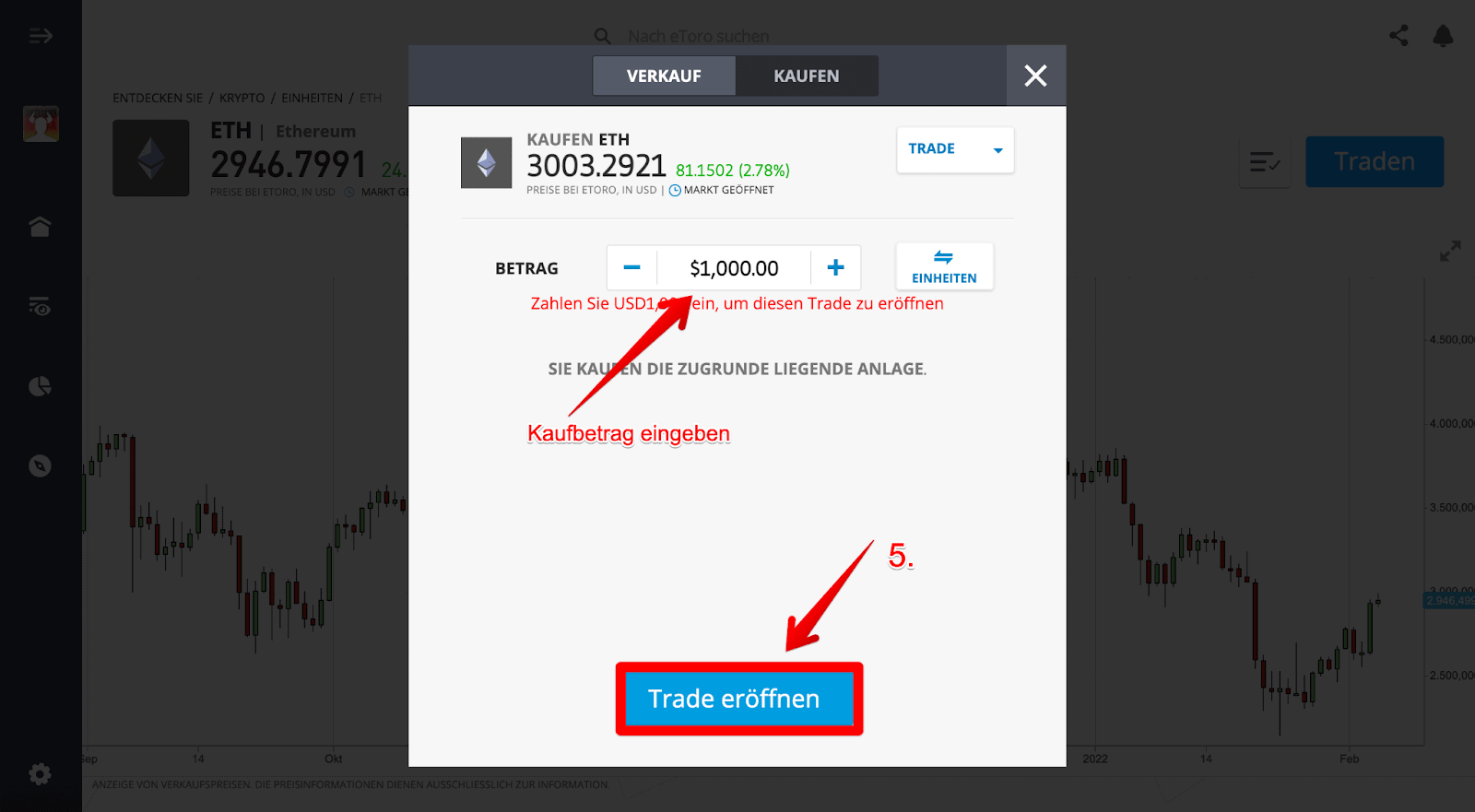 eToro ETH Kaufbetrag eingeben & Trade eröffnen