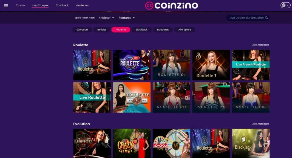 Coinzino Live-Casino Bereich
