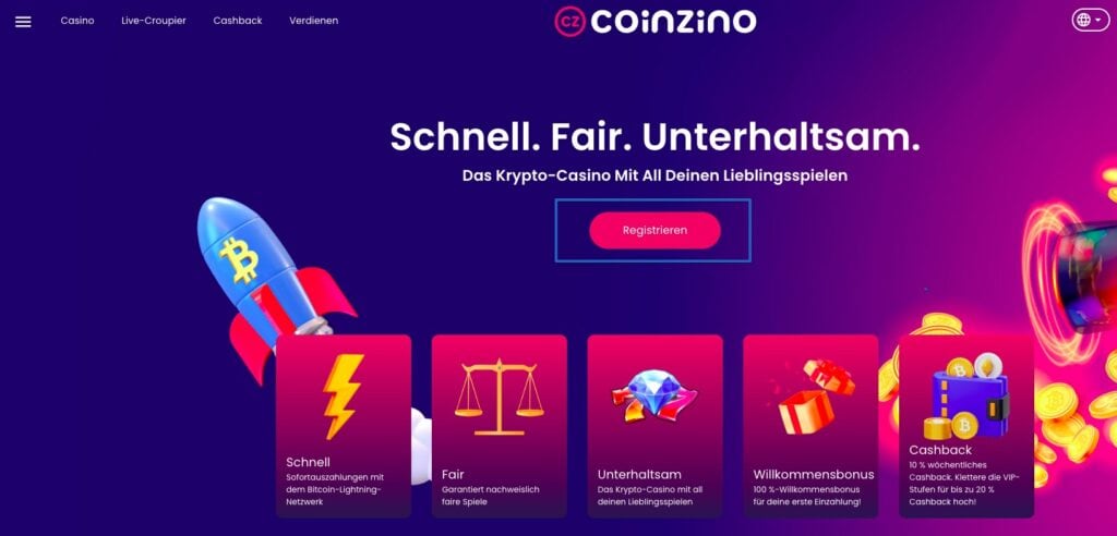 Coinzino Webseite für die Registrierung