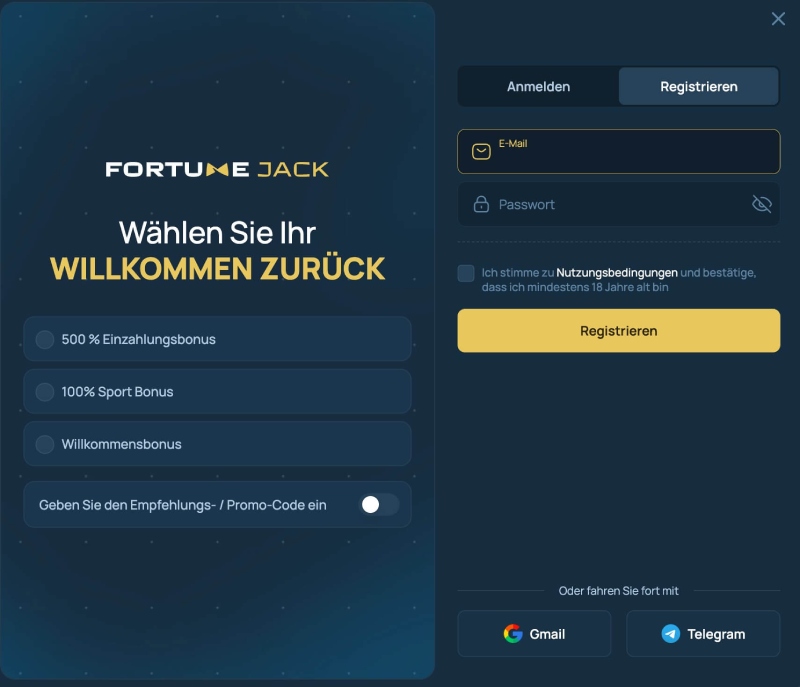 FortuneJack Anmeldeseite