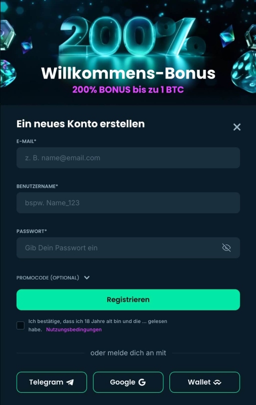 Mega Dice Registrierungsseite