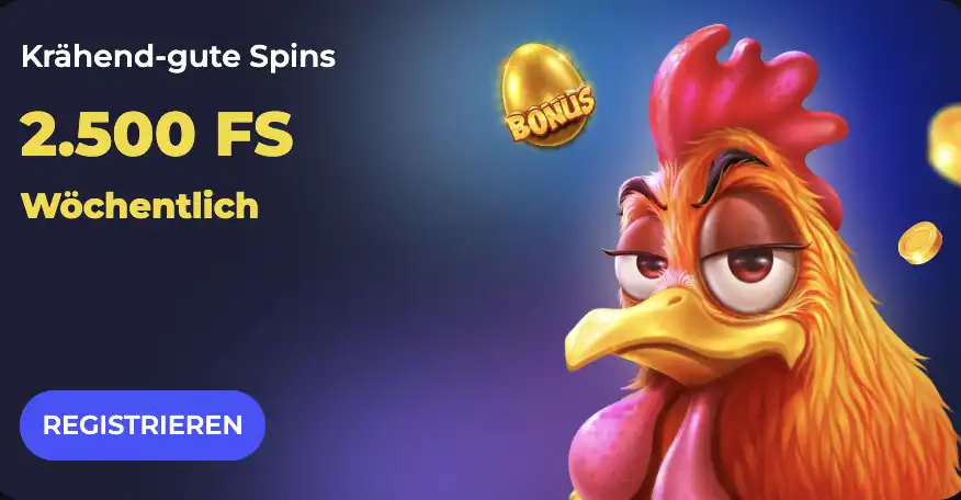 2.500 Free spins wöchentlich banner von cryptoLeo mit einem Huhn