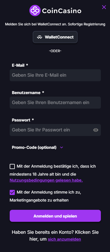 Registrierungsseite CoinCasino