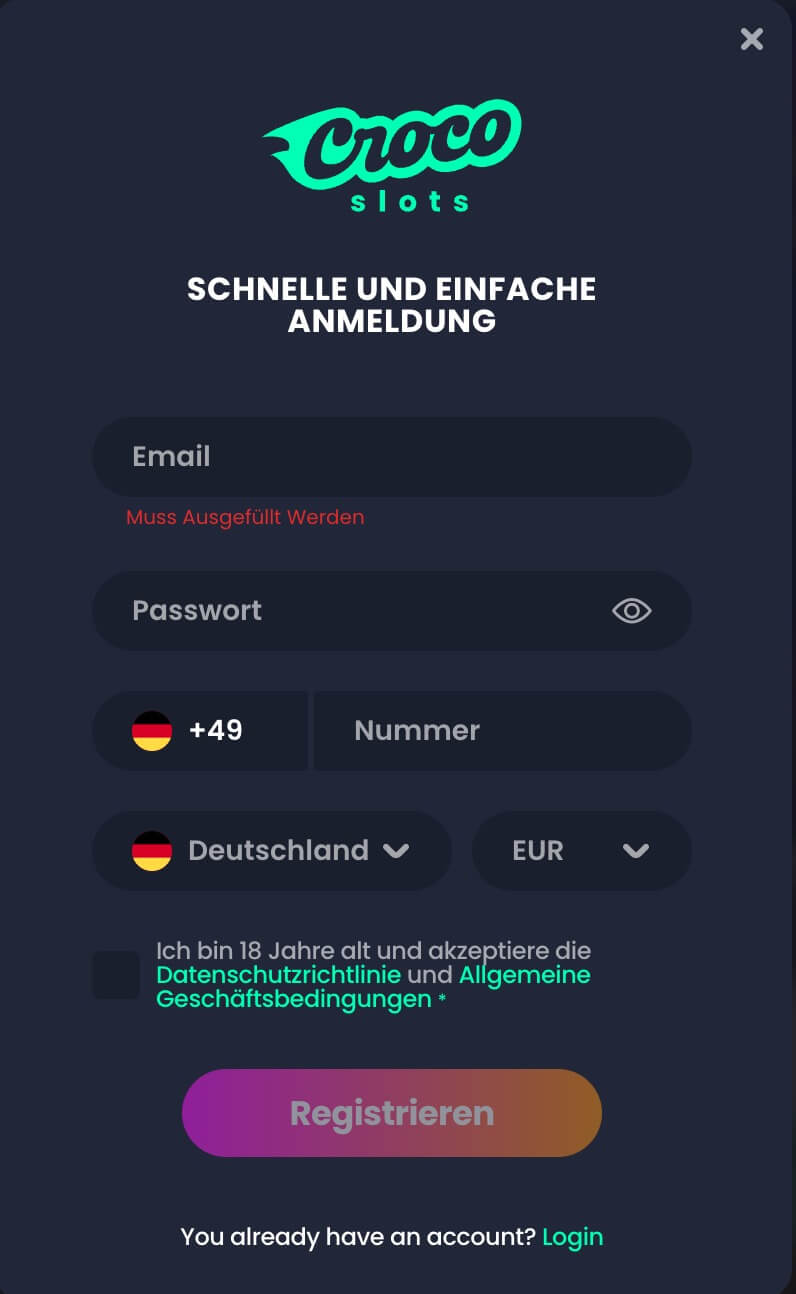 Anmeldeseite Crocoslots Casino