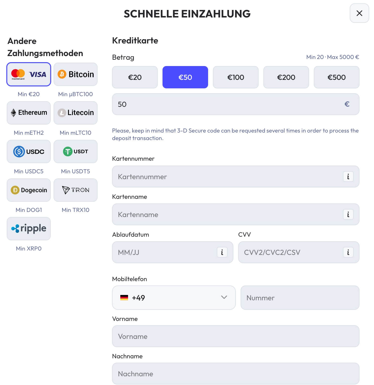Geld einzahlen Spinrise