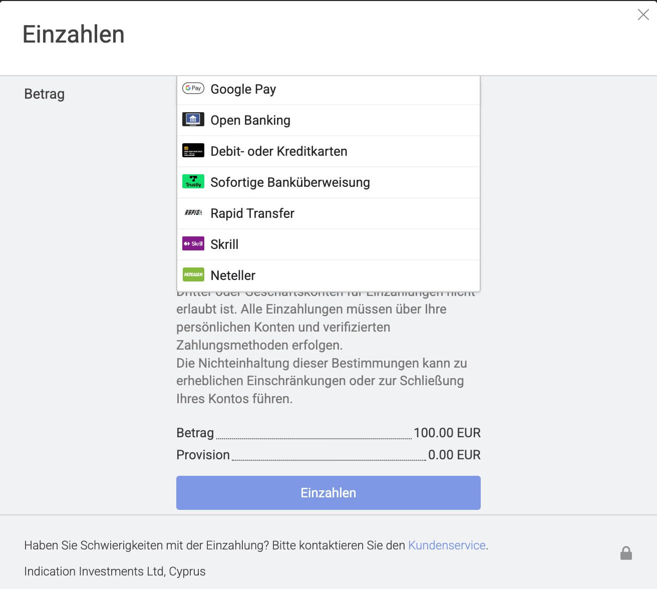 Geld einzahlen, Zahlungsmethode waehlen