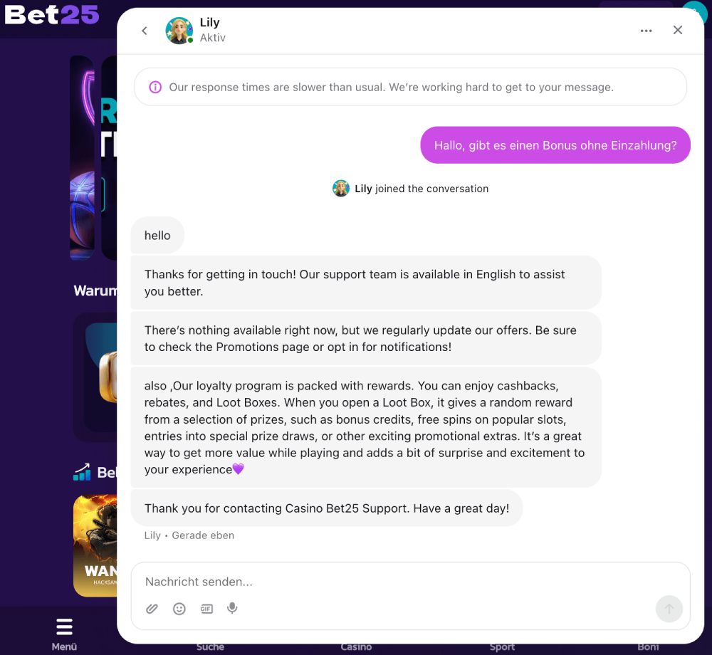 Ausschnitt aus dem Live Chat Gespräch mit dem Bet25 Kundensupport