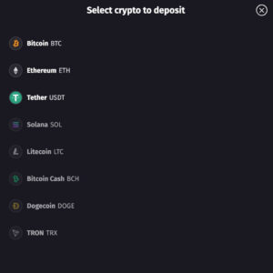Auswahl Kryptowaehrung zur Einzahlung
