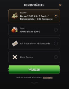 Anmeldung Bonus waehlen