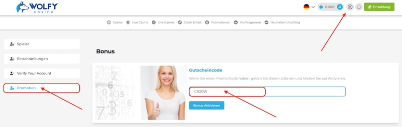 Bonuscodeeingabe für 20 FS ohne Einzahlung