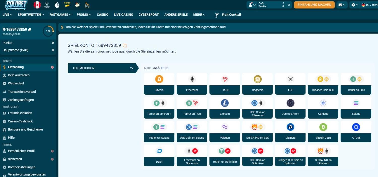 Akzeptierte Kryptos zur Einzahlung