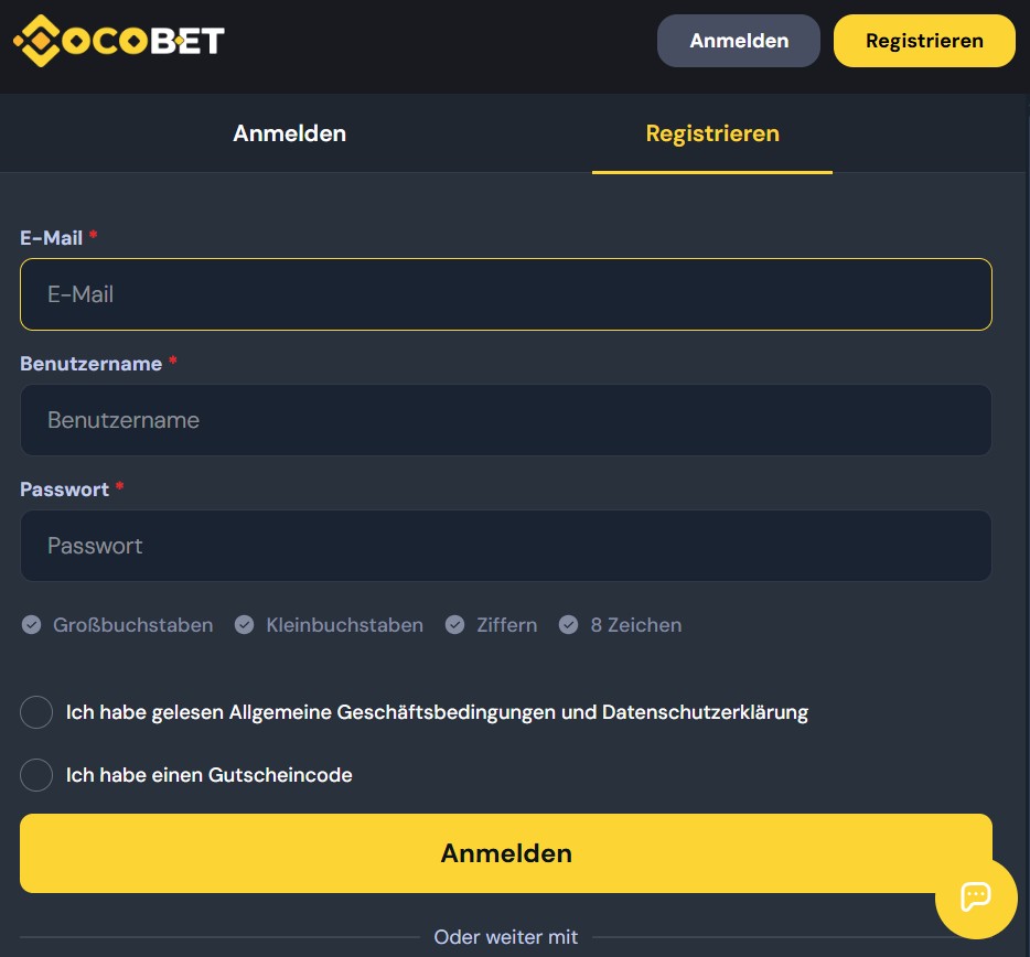 Cocobet Registrierungsseite