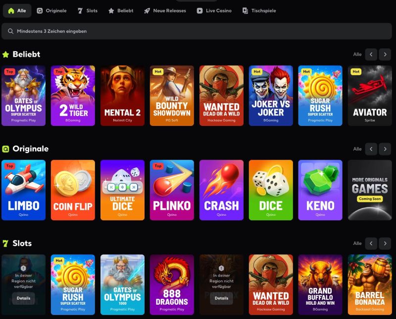 Qzino Spieleangebot