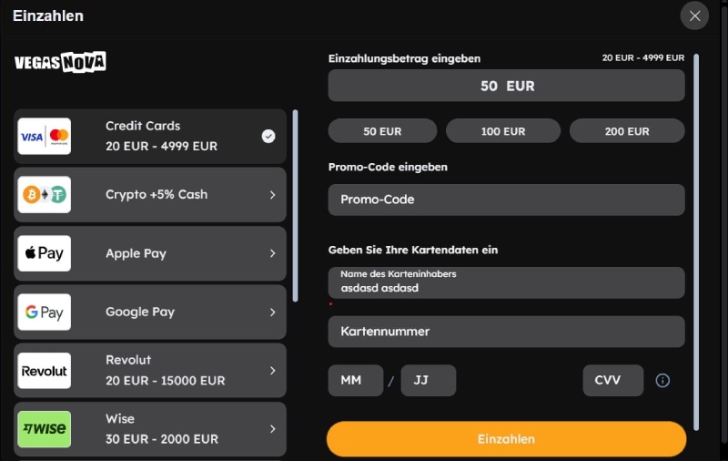 Einzahlung Vegas Nova