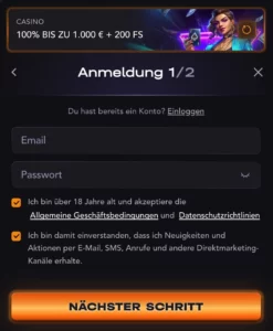 Madcasino Registrierung Schritt 1