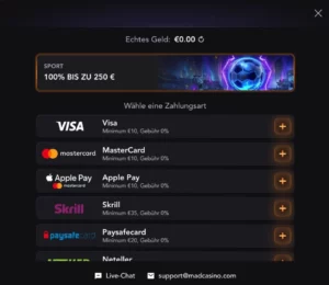 Zahlungsart waehlen Madcasino