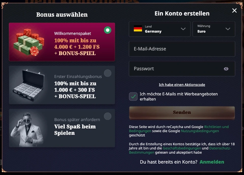 RoyalXO Registrierungsseite
