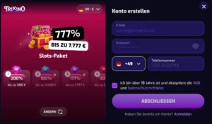 Trixino Registrierung Schritt 1: E-Mail, Passwort und Handynummer eingeben